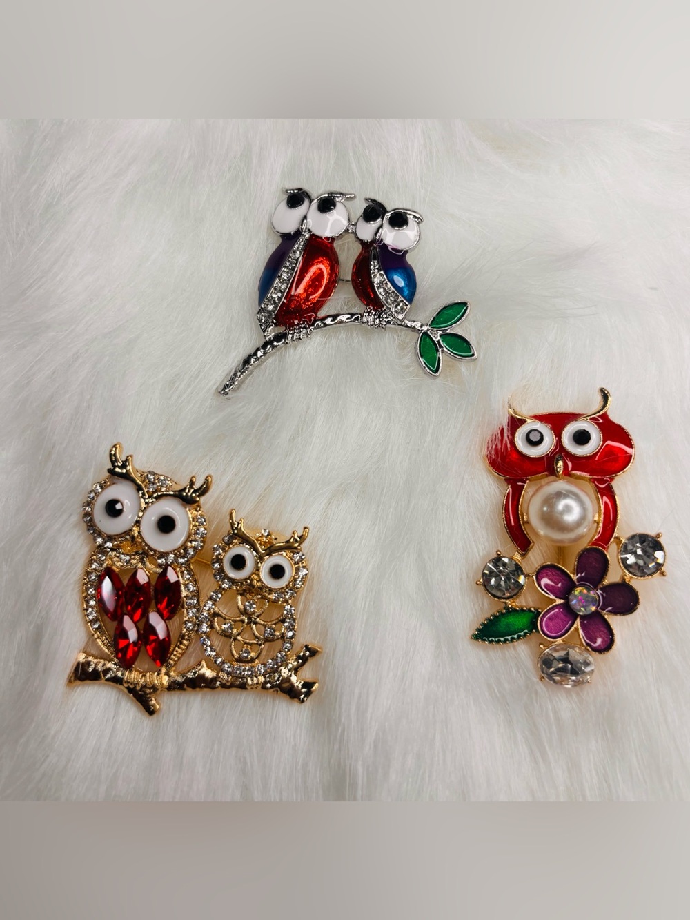 Set of 3 Owl Brooch Pins | Rhinestone & Enamel Owl Jewelry